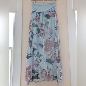 Silk blend long maxi skirt pastel light blue purple florals flowy small